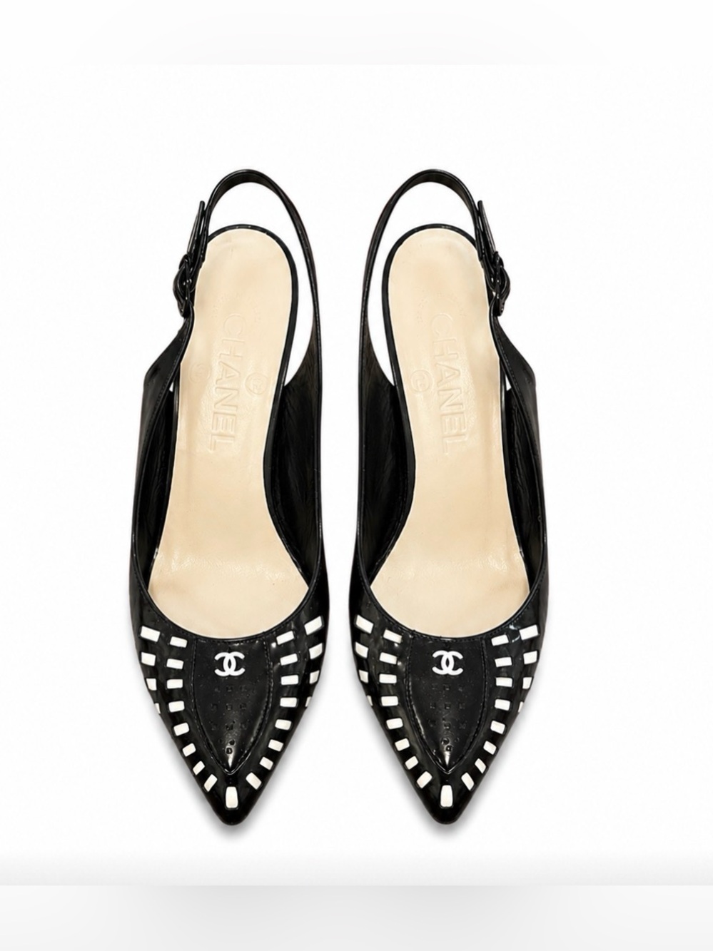 CHANEL Black & White Logo Slingback Heels 36.5